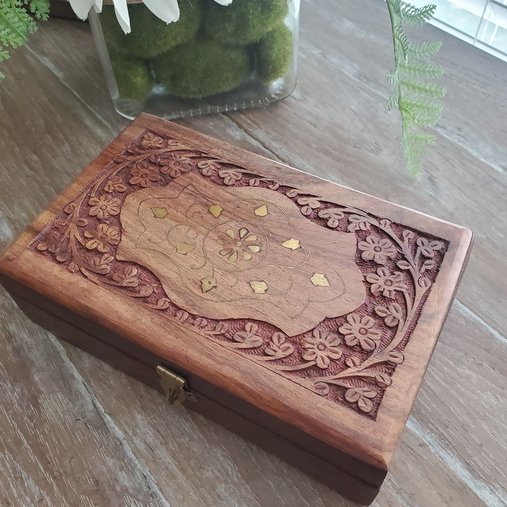 NWOT Wooden Box with Carved Floral Design Handcrafted